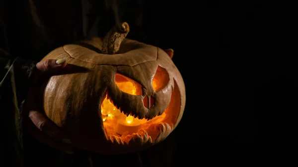 A boszorkány egy tök Jack O lámpást tart, ami világít a sötétben. Halloweeni. — Stock Fotó