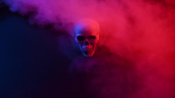 Mänsklig skalle i rosa och blå rök på svart bakgrund. Halloween. — Stockvideo