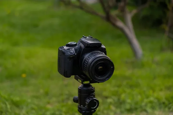 Fotocamera reflex su un treppiede su un prato verde. — Foto Stock