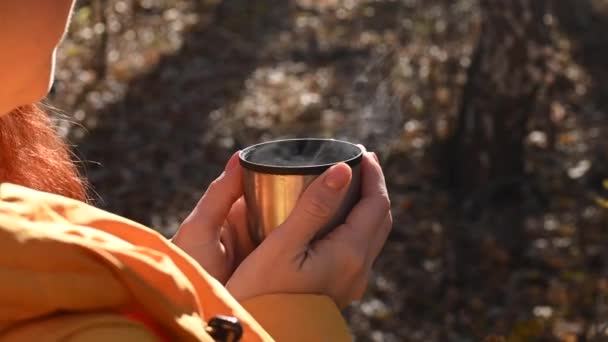 Kobieta trzyma termos gorącej herbaty w dłoniach w zimny jesienny dzień. — Wideo stockowe