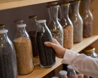 Eko mağazasında ağırlıkla mısır gevreği satan bir kadın. Plastik ambalajsız ticaret kavramı