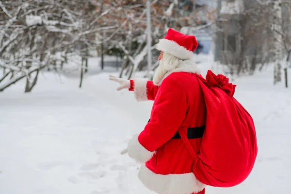 Surpris Père Noël marche à travers une forêt de conifères enneigée au pôle Nord en Laponie. Joyeux Noël. Carte postale. — Photo