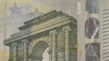 Beş avroluk banknota yakın plan. Hareketi durdur.