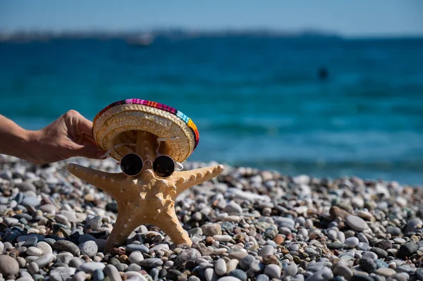 Femme tenant une étoile de mer dans un sombrero et des lunettes de soleil sur une plage de galets au bord de la mer. — Photo
