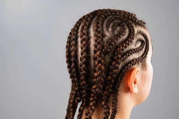 Close-up of braids on the head of a caucasian woman. — Stock Photo, Image