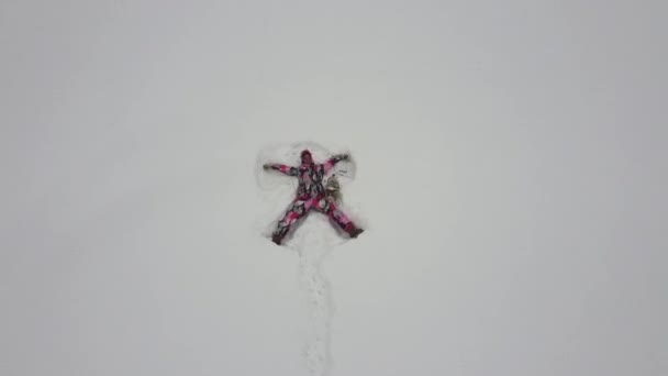 Vista dall'alto di una donna sdraiata sulla neve e che fa un angelo. Ragazza che gioca con il cane in inverno. — Video Stock