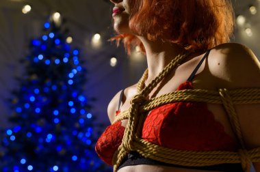 Kızıl saçlı kız Japon Shibari tekniğini kullanarak bir iple bağlandı. Yeni yıl ağacının yanında kırmızı iç çamaşırlı bir kadın.