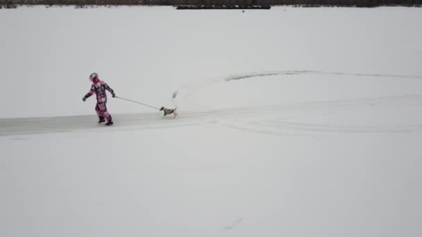 Młoda kobieta w kombinezonie biegnie zimą z psem w śniegu. Strzelanina z quadcoptera — Wideo stockowe