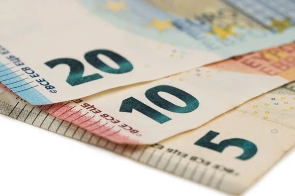 Primer plano de billetes de cinco, diez y veinte euros. —  Fotos de Stock