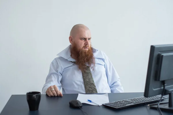 Problemas para el oficinista. Un hombre calvo con una camisa blanca se sienta en un escritorio con una computadora y está estresado por el fracaso. Una crisis nerviosa . —  Fotos de Stock