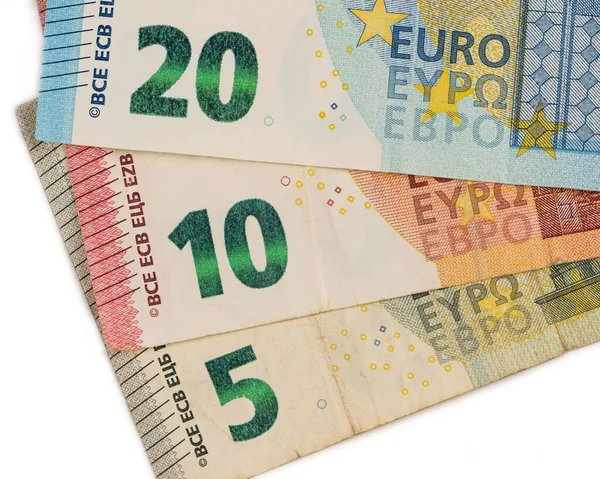 Zbliżenie pięciu, dziesięciu i dwudziestu banknotów euro. — Zdjęcie stockowe