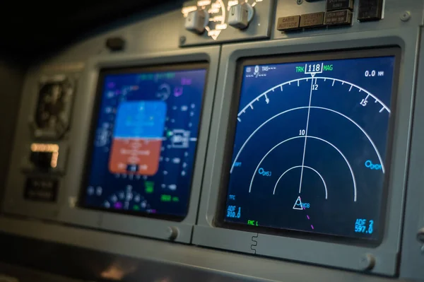 Navigation on board the aircraft. Close-up of an airplane dashboard. — Stock Photo, Image