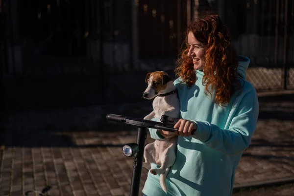 En rödhårig kvinna åker en elskoter runt stugbyn med hunden Jack Russell Terrier. — Stockfoto