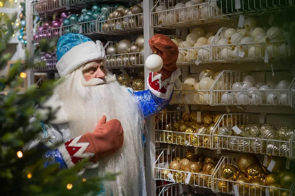 Russian Santa Claus chooses decorations for the Christmas tree. — Stock Photo, Image