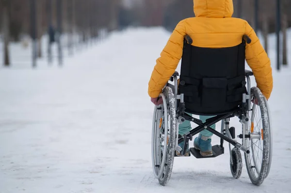 Caucasian woman with disabilities rides on a chair in the park in winter. Back view of a girl on a walk in a wheelchair. — 图库照片