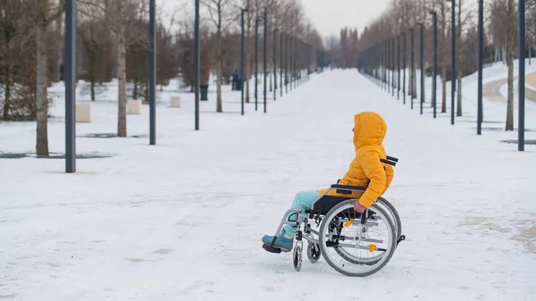Mujer con discapacidad en silla de ruedas al aire libre en invierno. — Foto de Stock