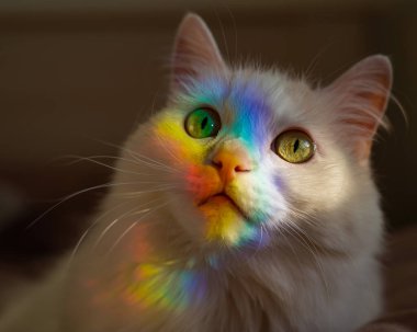 Yüzünde gökkuşağı olan beyaz tüylü bir kedi yatak odasında yatıyor..