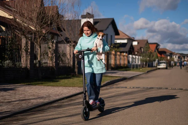 Kızıl saçlı bir kadın köpek Jack Russell Terrier ile kır evinde elektrikli scooter kullanıyor.. — Stok fotoğraf