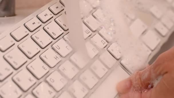 Wanita mencuci keyboard komputer putih dengan spons dengan busa. — Stok Video