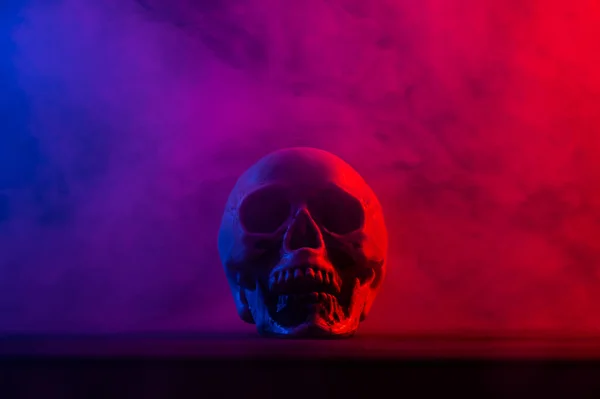 ピンク色の人間の頭蓋骨と黒い背景の青い煙。ハロウィン. — ストック写真