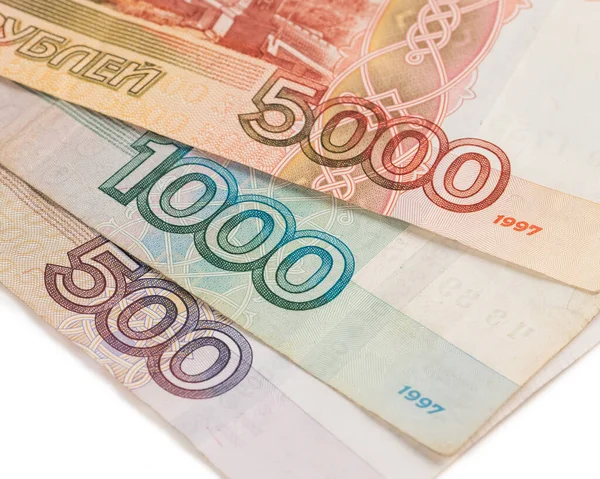 Primer plano de los billetes. Cinco mil, mil, quinientos rublos. —  Fotos de Stock