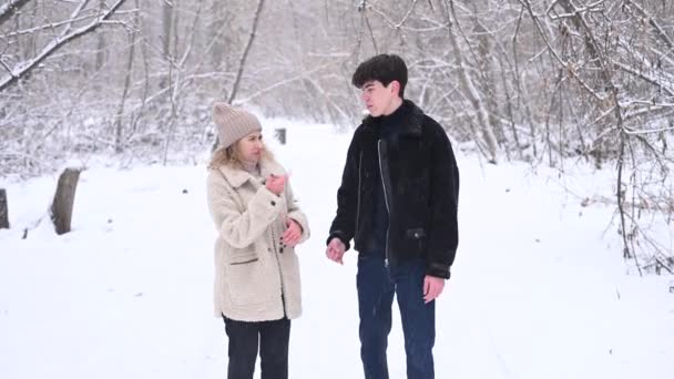 Ett ungt par går på vintern i skogen. Döva Guy och en flicka kommunicerar med gester utomhus. — Stockvideo
