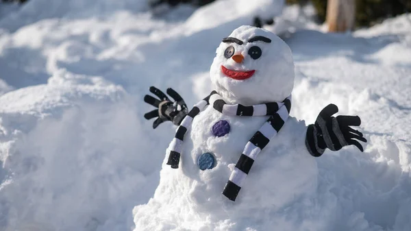 Bonhomme de neige avec une écharpe rayée. Décorations de Noël en neige. — Photo