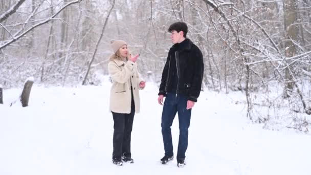 Ένα νεαρό ζευγάρι περπατά το χειμώνα στο δάσος. Κωφός τύπος και ένα κορίτσι επικοινωνούν χρησιμοποιώντας χειρονομίες σε εξωτερικούς χώρους. — Αρχείο Βίντεο