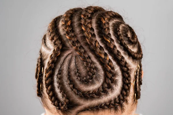 Close-up of braids on the head of a caucasian woman. — Stock Photo, Image