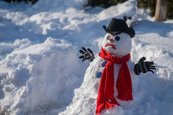 Un bonhomme de neige avec une grimace effrayante dans un chapeau et une écharpe. — Photo