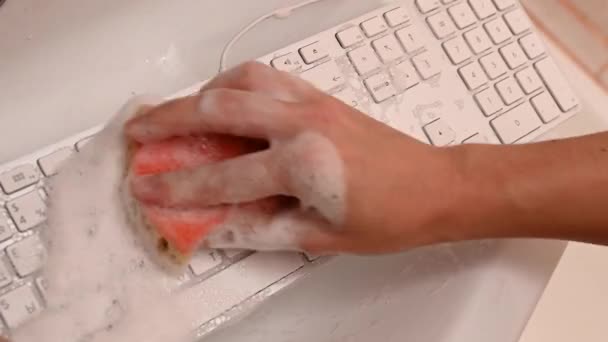 Wanita mencuci keyboard komputer putih dengan spons dengan busa. — Stok Video