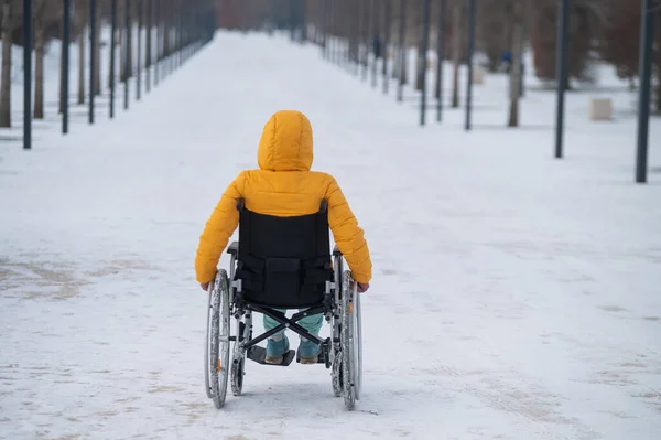 Caucasian woman with disabilities rides on a chair in the park in winter. Back view of a girl on a walk in a wheelchair. — 图库照片