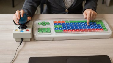 Serebral felçli bir kadın özel bir bilgisayar faresinde çalışıyor..