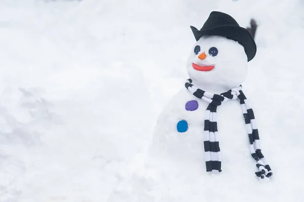 Bonhomme de neige avec un chapeau et une écharpe rayée. Amusement d'hiver. — Photo