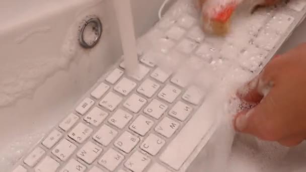 Woman washing white computer keyboard with a sponge with foam. — Stockvideo