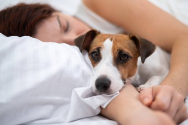 Kafkasyalı kadın yatağında uyuyor sevgili köpeğine sarılıyor..