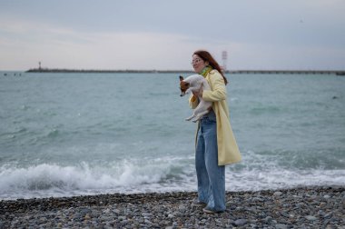 Beyaz saçlı kadın, deniz kıyısında köpek Jack Russell Terrier 'ı tutuyor.. 