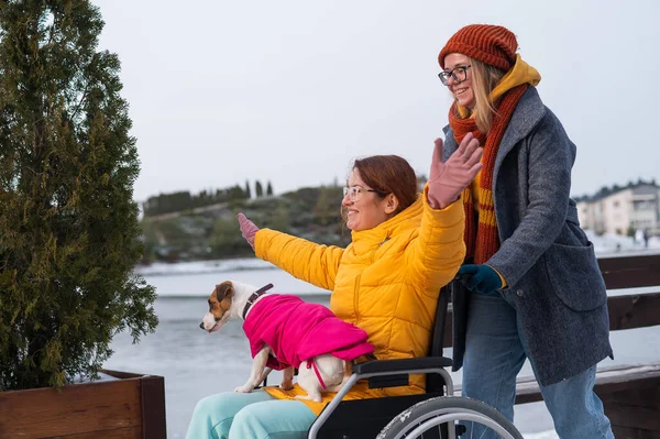 Blanke vrouw rijden haar vriend in een rolstoel langs het meer in de winter. — Stockfoto