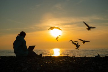 Gün batımında deniz kıyısında dizüstü bilgisayarda yazan beyaz bir kadın. Serbest çalışma..