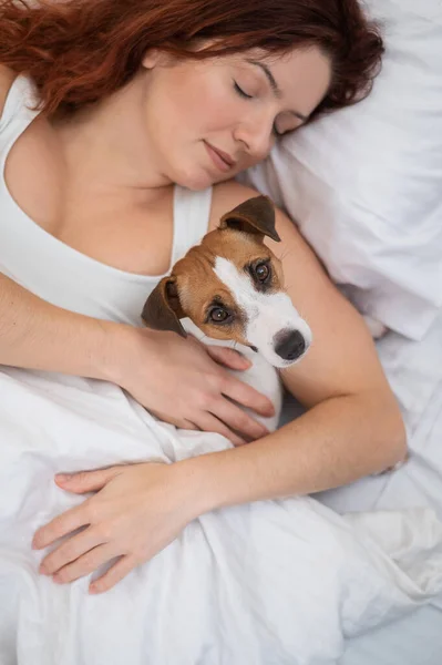 Mulher caucasiana está cochilando na cama abraçando seu cão amado. — Fotografia de Stock
