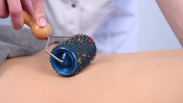Kobiecy masażysta używa wałka Lyapko na plecach pacjenta. Aplikator igły do dynamicznego stosowania. — Wideo stockowe
