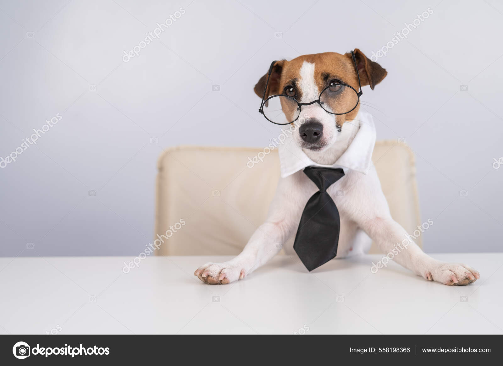 Dog Jack Russell Terrier dressed in a tie and glasses sits at a desk. Stock Photo inside studio 558198366