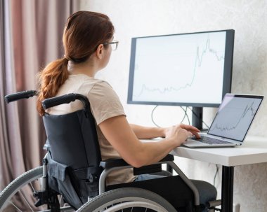 Tekerlekli sandalyedeki beyaz kadın evden bilgisayarla yazı yazıyor. Engelliler için uzak çalışma.