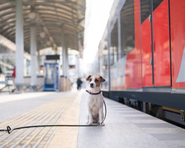 Jack Russell Terrier köpeği tren istasyonunda tek başına oturuyor..