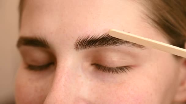 Permanent ögonbrynsstyling. Befälhavaren tillämpar sammansättningen för laminering av ögonbrynen med en spatel av trä. — Stockvideo