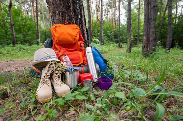 Equipo de senderismo en un bosque de pinos. Mochila, termo, saco de dormir, brújula, sombrero y zapatos — Foto de Stock