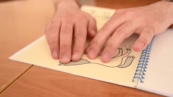 Ein sehbehinderter Mann berührt eine dreidimensionale Illustration in einem Buch in Brailleschrift. — Stockvideo