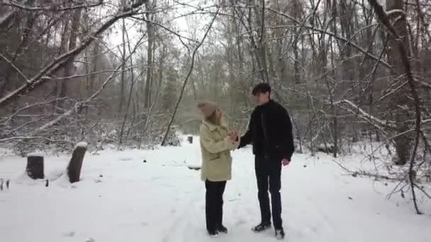 若い夫婦が森の中で冬を歩いている。ろう者男と女の子は屋外でジェスチャーを使用して通信します. — ストック動画