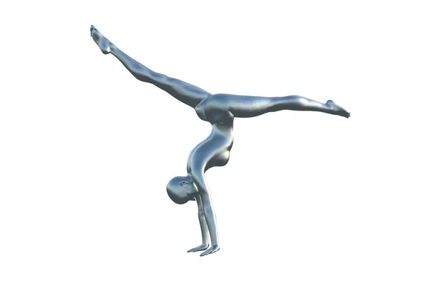 3D renderização de uma ginasta fêmea careca prata em um fundo branco fazendo um suporte de mão. — Fotografia de Stock