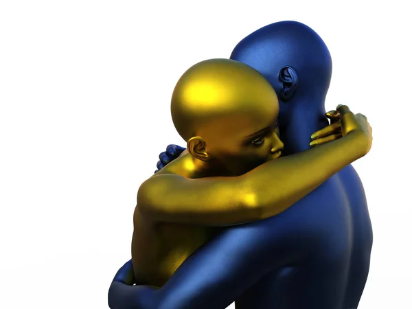 Retrato en 3D de mujer dorada y hombre azul abrazándose. — Foto de Stock